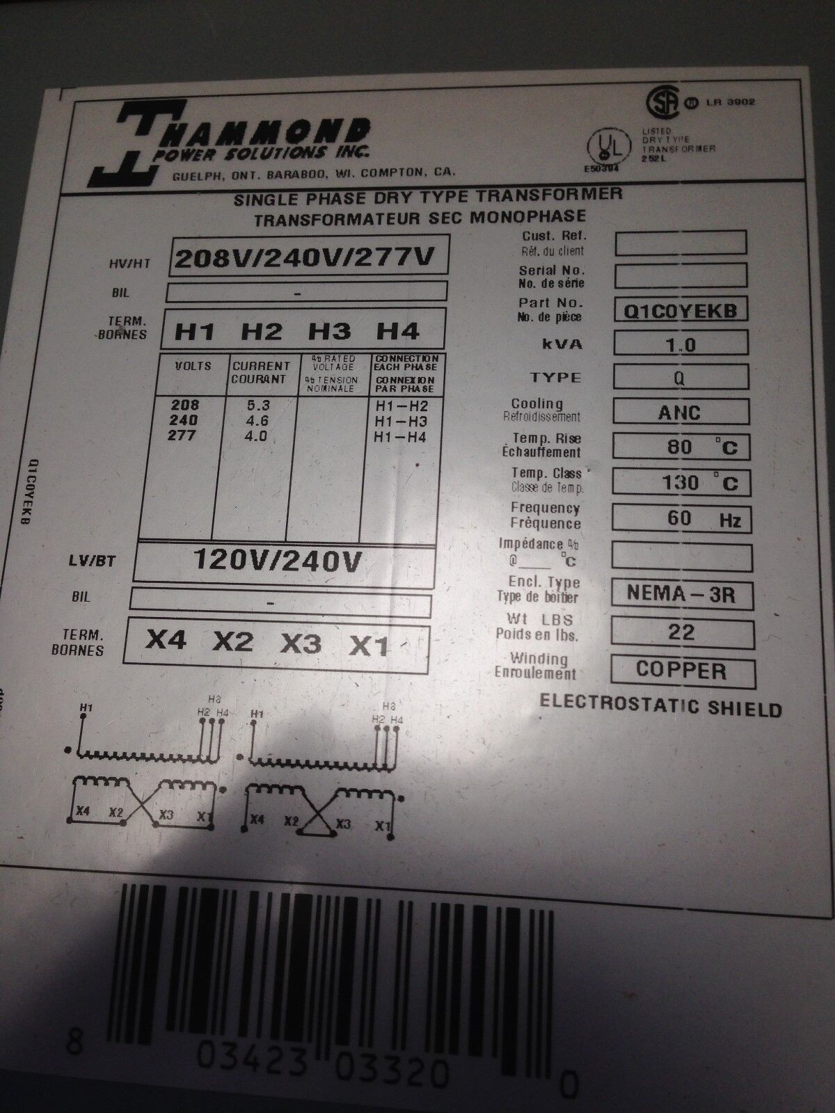 New Q1c0yekb Hammond Potted 1Ph N3r 1Kva 208/240/277-240/120 Cu,Eg