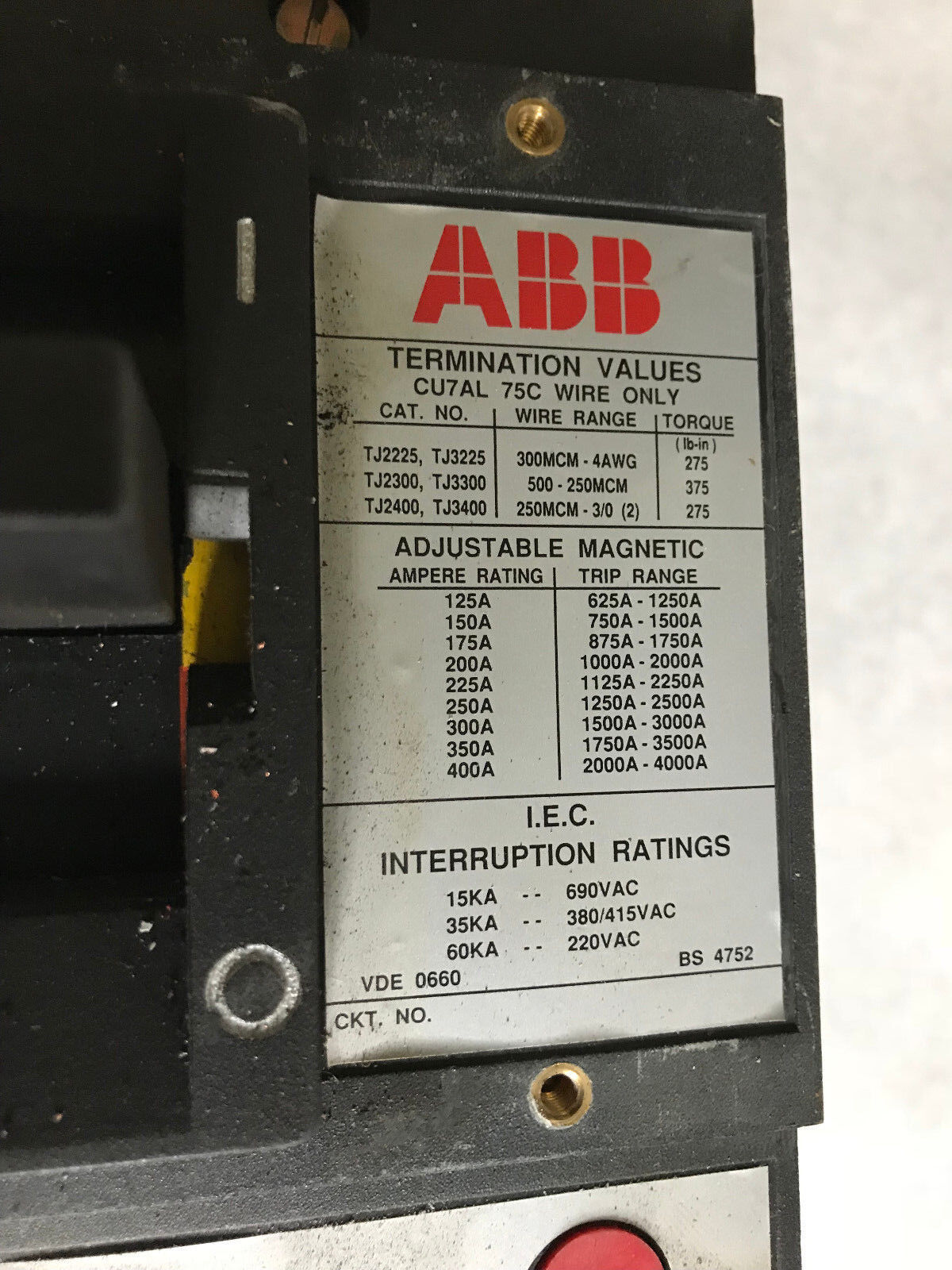 Abb Rt-928 Circuit Breaker,400 A,3-Pole,600 Vac/500 Vdc,Abb Type Js,Cu7al 75C,Ta