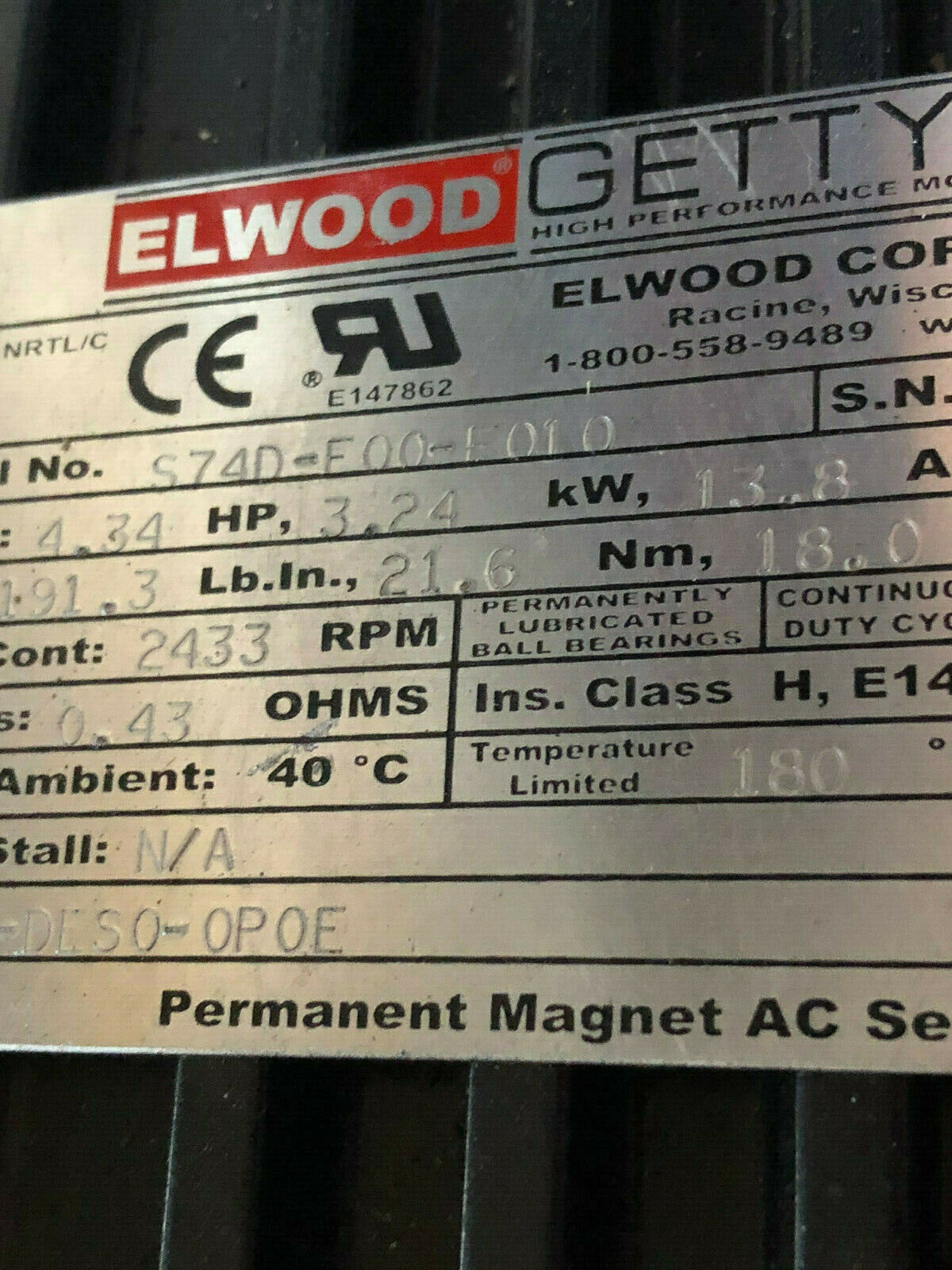 New Elwood Gettys S74d-F00-F010 Ac Servo Motor,4.34Hp,800-Rpm,230Vac,Td