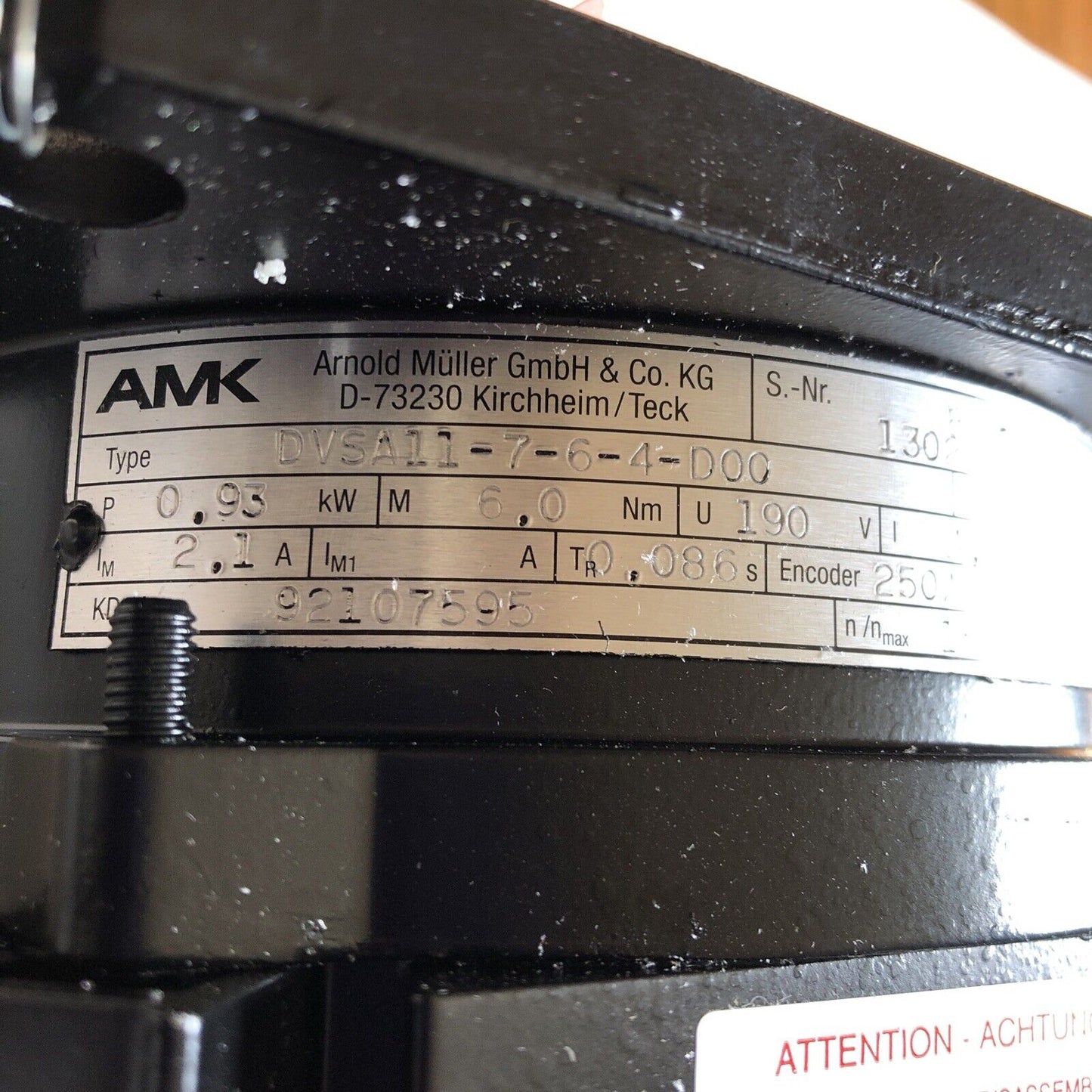 Amk Dvsa11-7-6-4-D00 Servo Motor, .93Kw,1500/3500Rpm,250A,P 0.93,92107595,Td