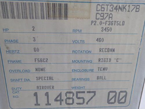 New Leeson C6t34nk17b Electric Motor 3450Rpm, 460V, 2Hp,Te,Bb