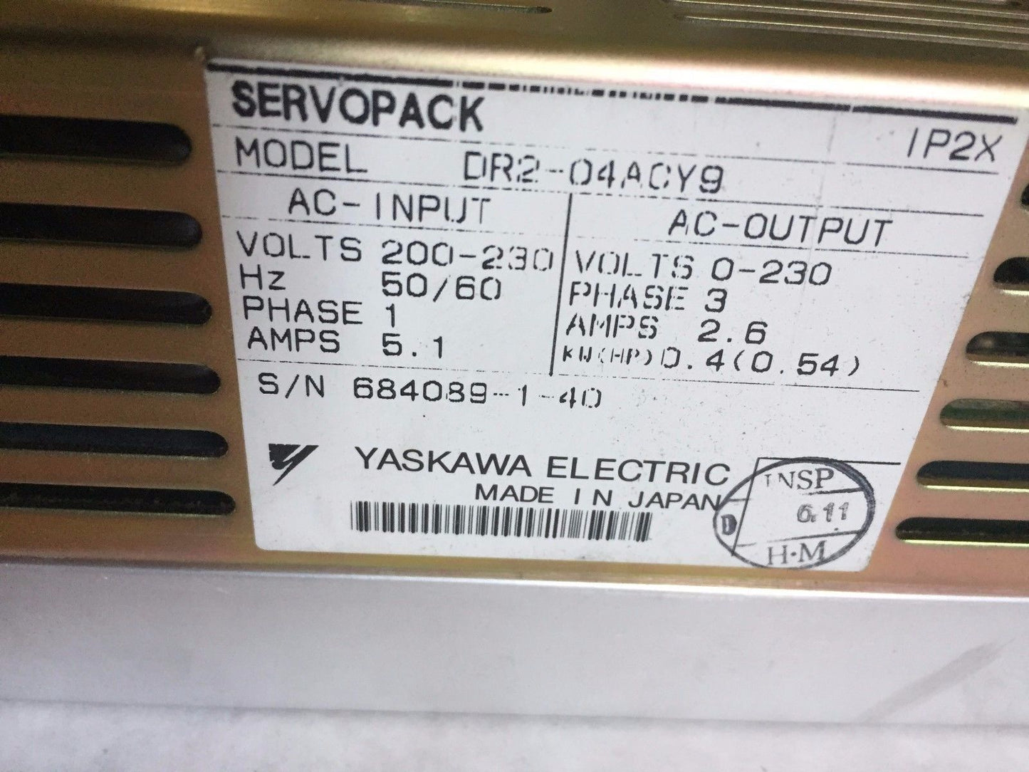 Yaskawa Dr2-04Acy9,Dr2-04Acyp Servo Drive,Dr2, .54 Hp,1 Or 3-Phase, 200-230 V,Se