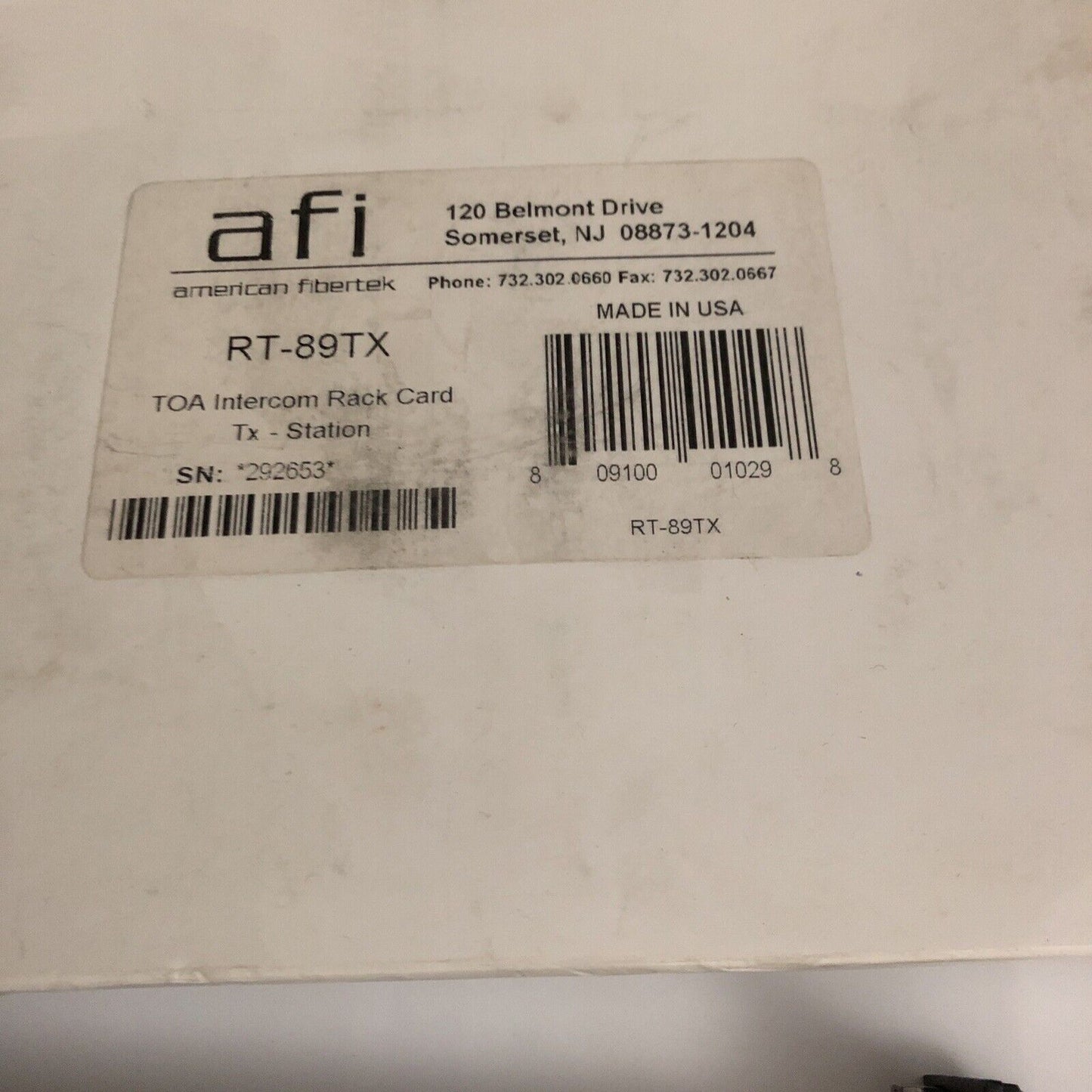 New Af Rt-89Tx,American Fibertek Rt-89Tx Intercom Rack Card,Afi Rt89tx,Bw