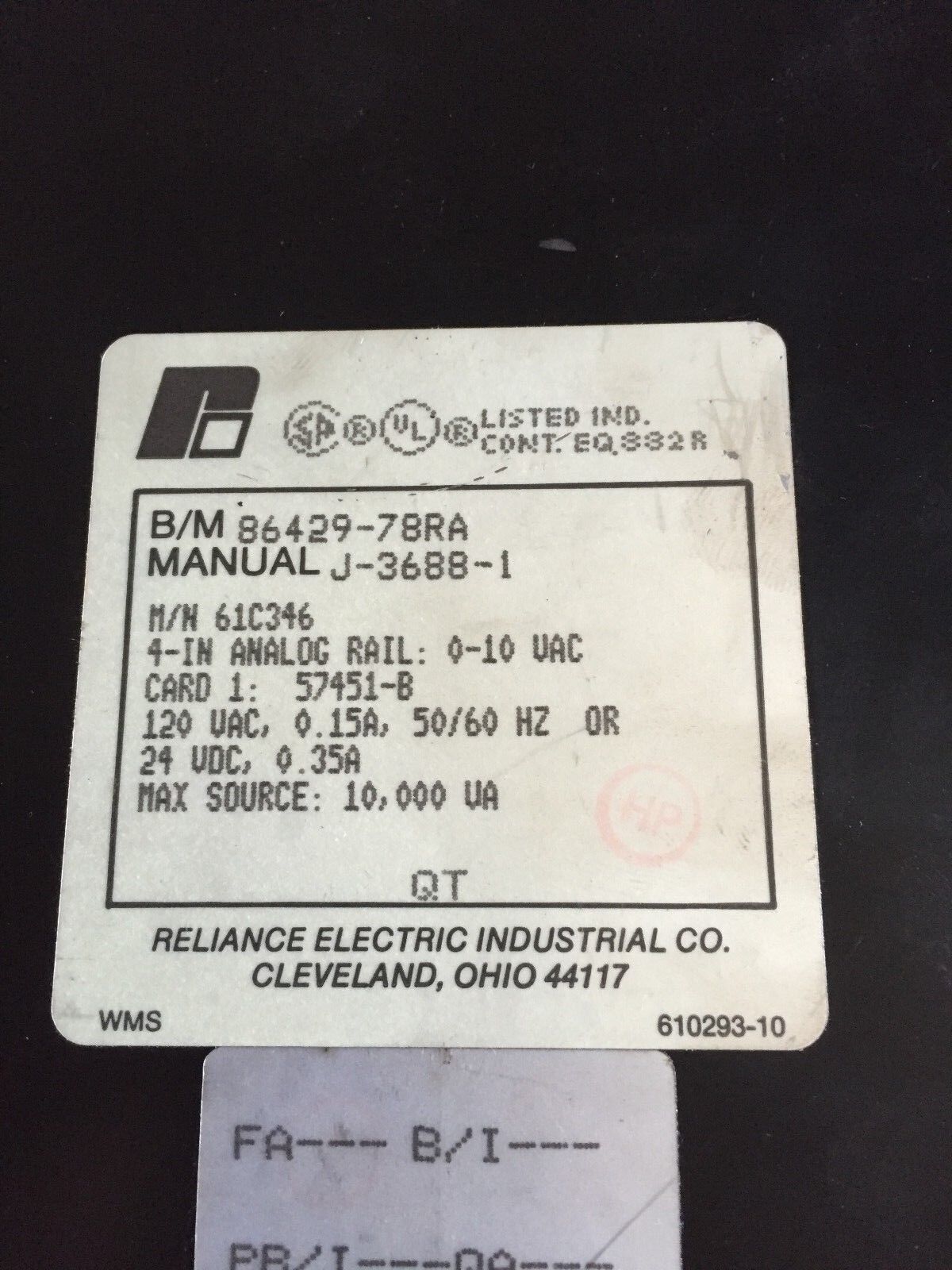 Reliance Electric 61C346,Automate  Analog Rail,86429-78Ra,0-10Vdc,J-3688-1,Be