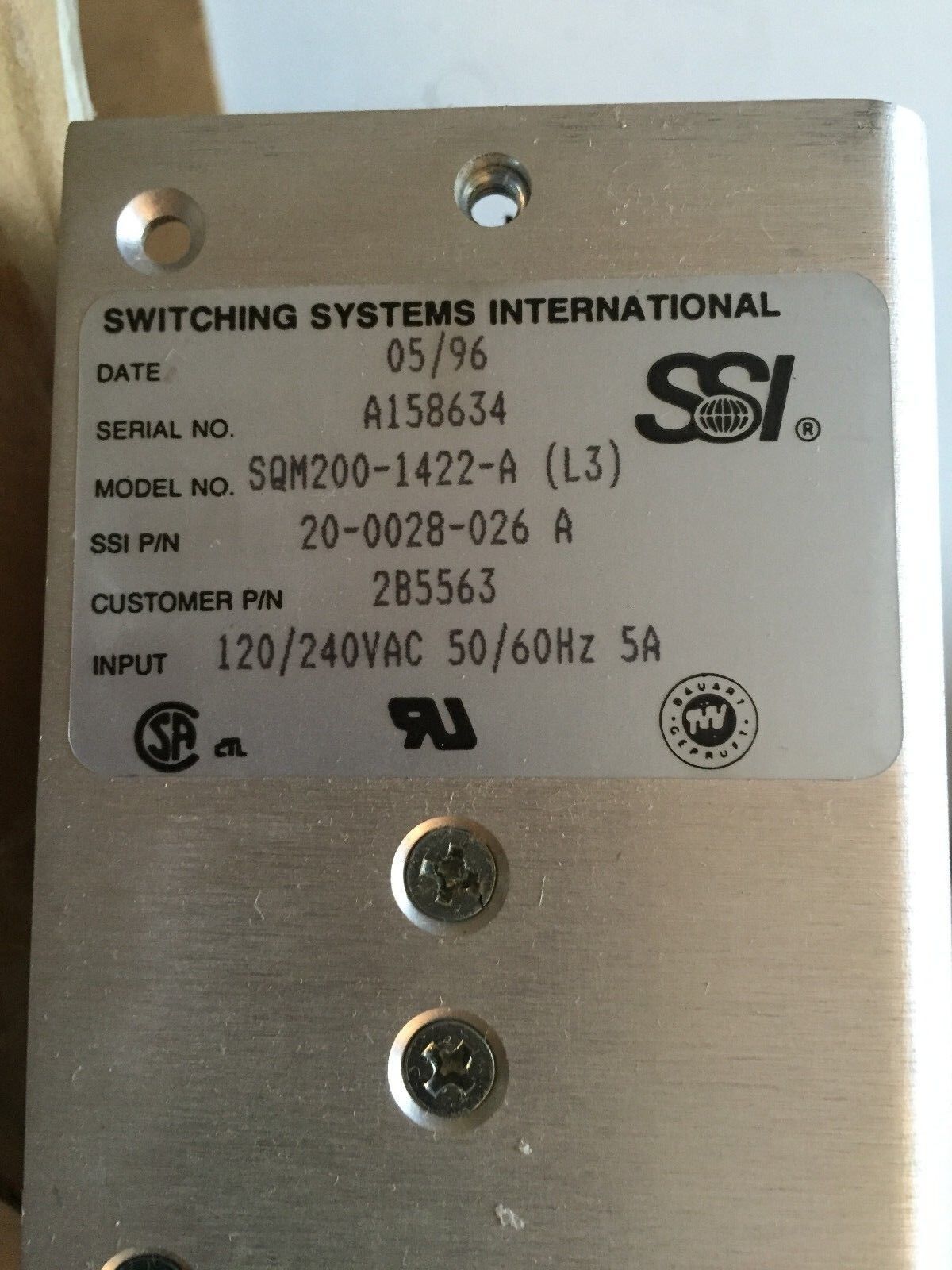 New Switching Systems Sqm200-1422-A (L3),2B5563 Power Supply 5A 120/240Vac,Ec