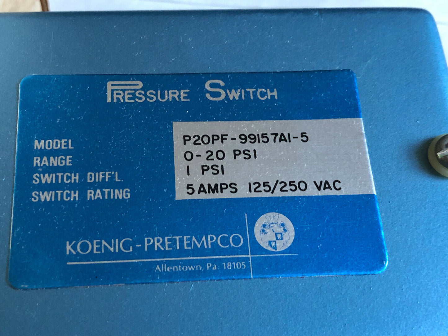New Koenig Pretempo P20pf-99157A1-5 Pressure Switch 0-20Psi 5A, 125/250Vac,Se