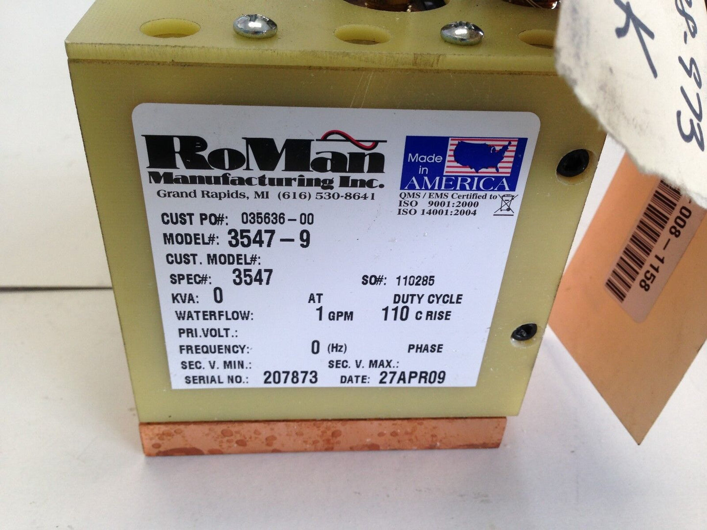 New Roman Manufacturing 3547-9 Fixture Type Transformer/Grounding Reactor,Fj