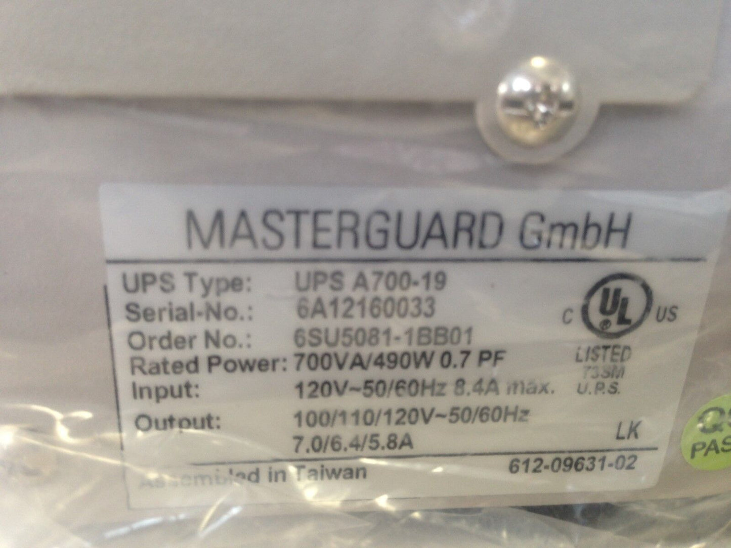 New Masterguard Ups A700-19 Uninterruptible Power Supply,6Su5081-1Bb01 Gmbh,Fe