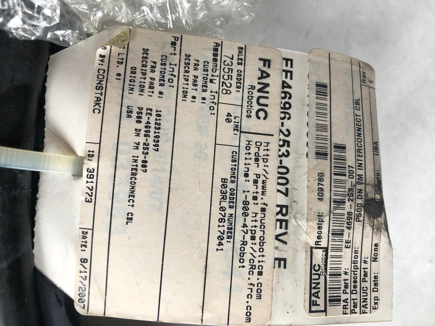 New Fanuc  Ee-4696-253-007, Po# 435598 Cable,Ag
