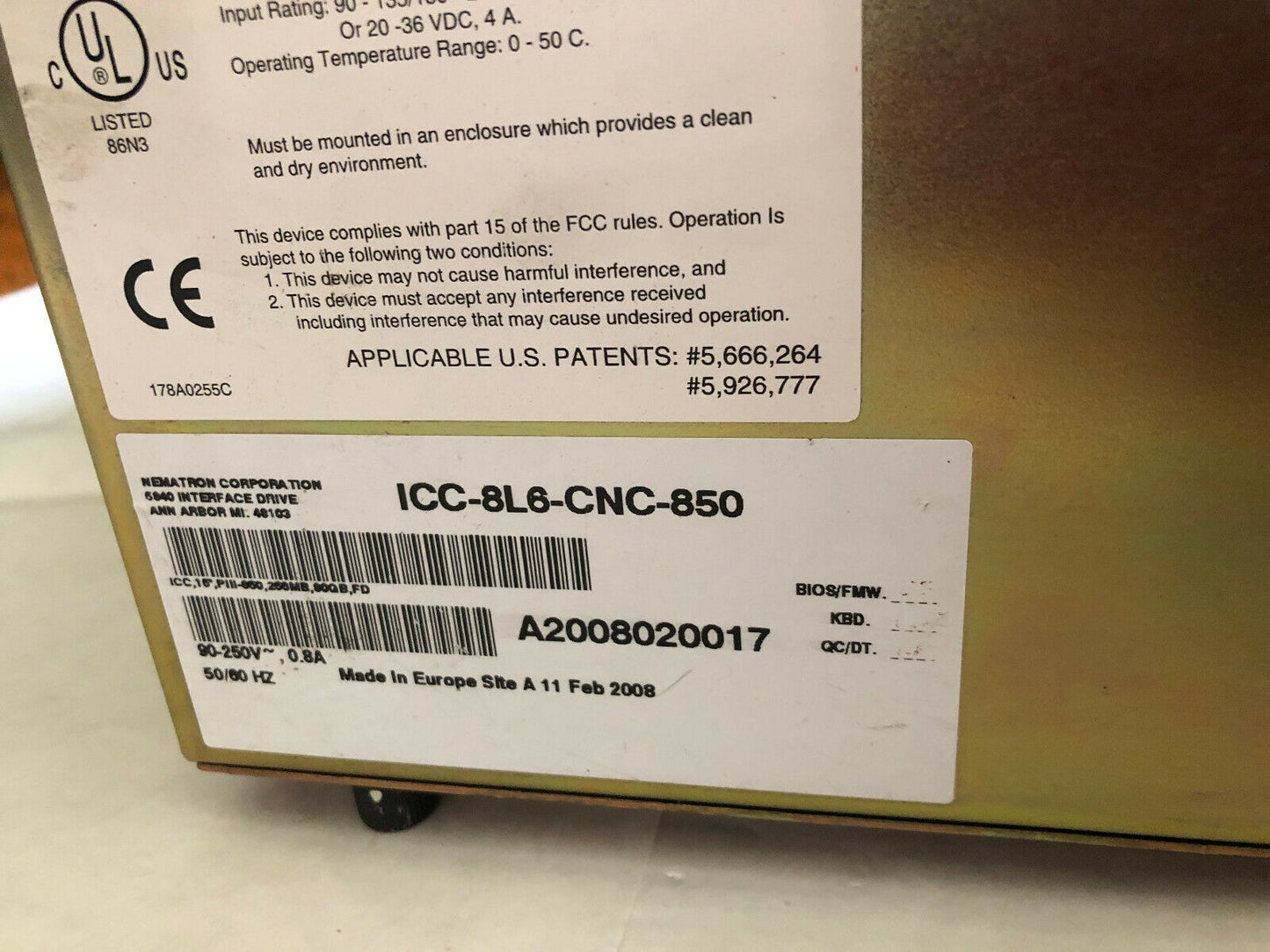 Nematron Icc-8L6-Cnc-850 Operators Pc Control Panel,Ti