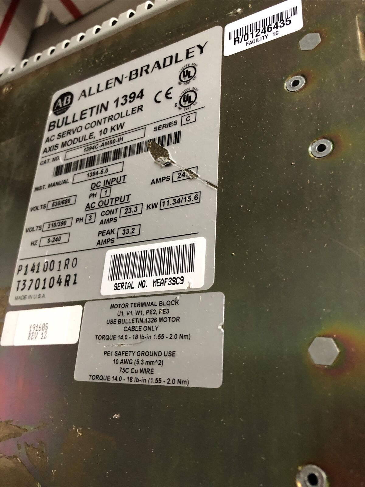 Allen Bradlley 1394C-Am50-Ih Ac Servo Controller 10 Kw,1394C-Am50-1H,Al,Ff