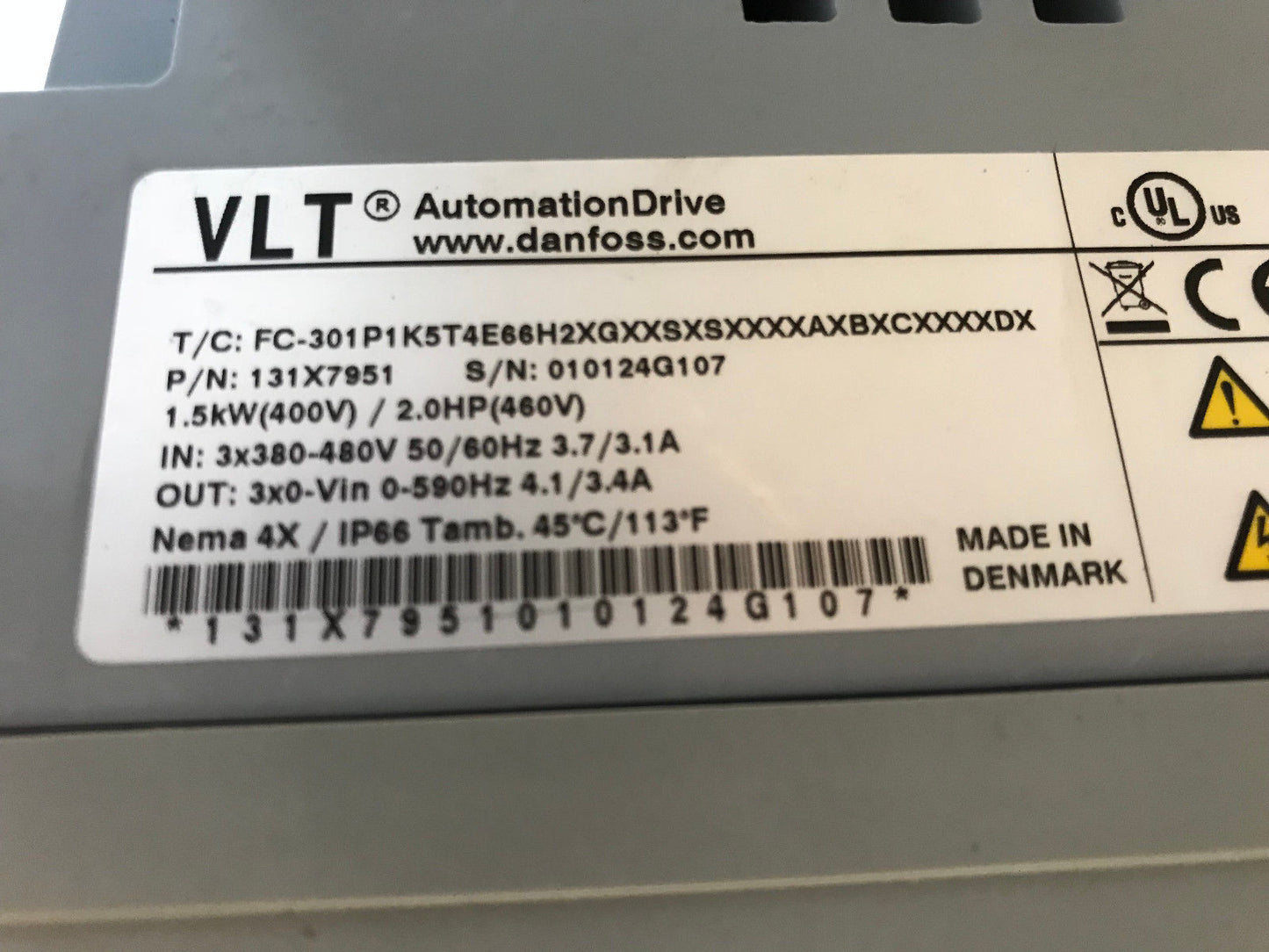 New Danfoss 131X7951 Vlt Aqua Drive 2.0Hp 4.1A,Danfoss Vlt,Fc-301P1k5t4e66h,Th