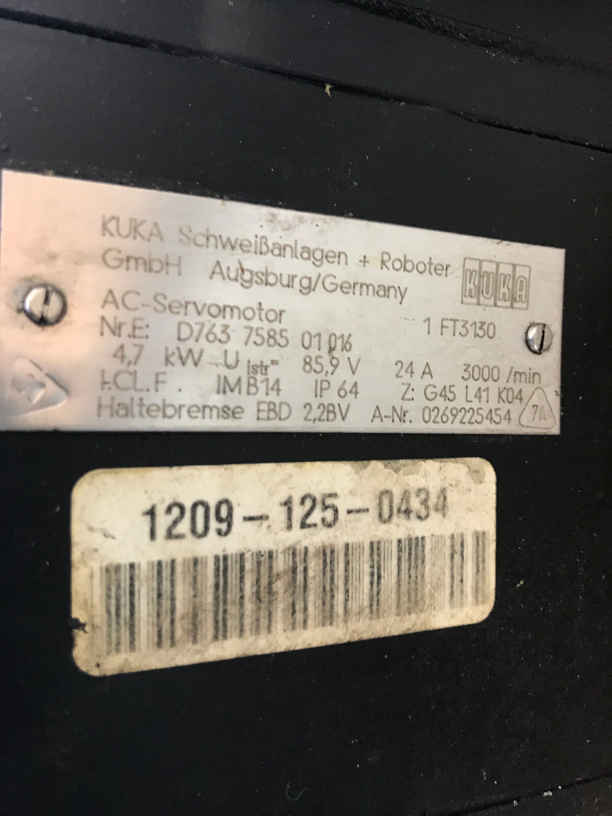 Kuka 1 Ft3130 Ac Servo Motor,026925454,4.7Kw,3000 Rpm,85.9 V,24A,D763 7585,Ak,Tg