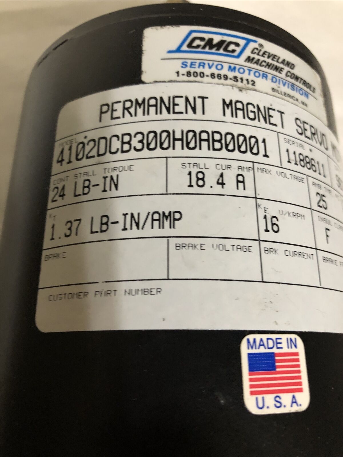 New Cmc Cleveland 4102Dcb300h0ab0001 Permanant Servo Motor 18.4A  Torque, Bq