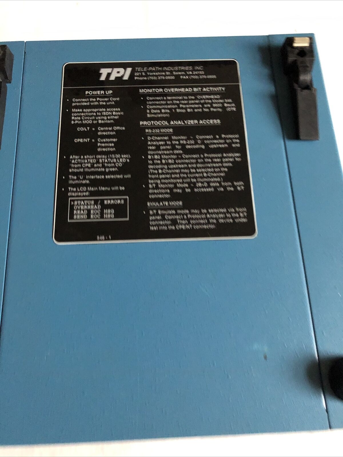Tpi 546,Tele-Path Industries Tpi 546 Isdn "U" Monitor/Analyzer,Tpi 851570,Fg