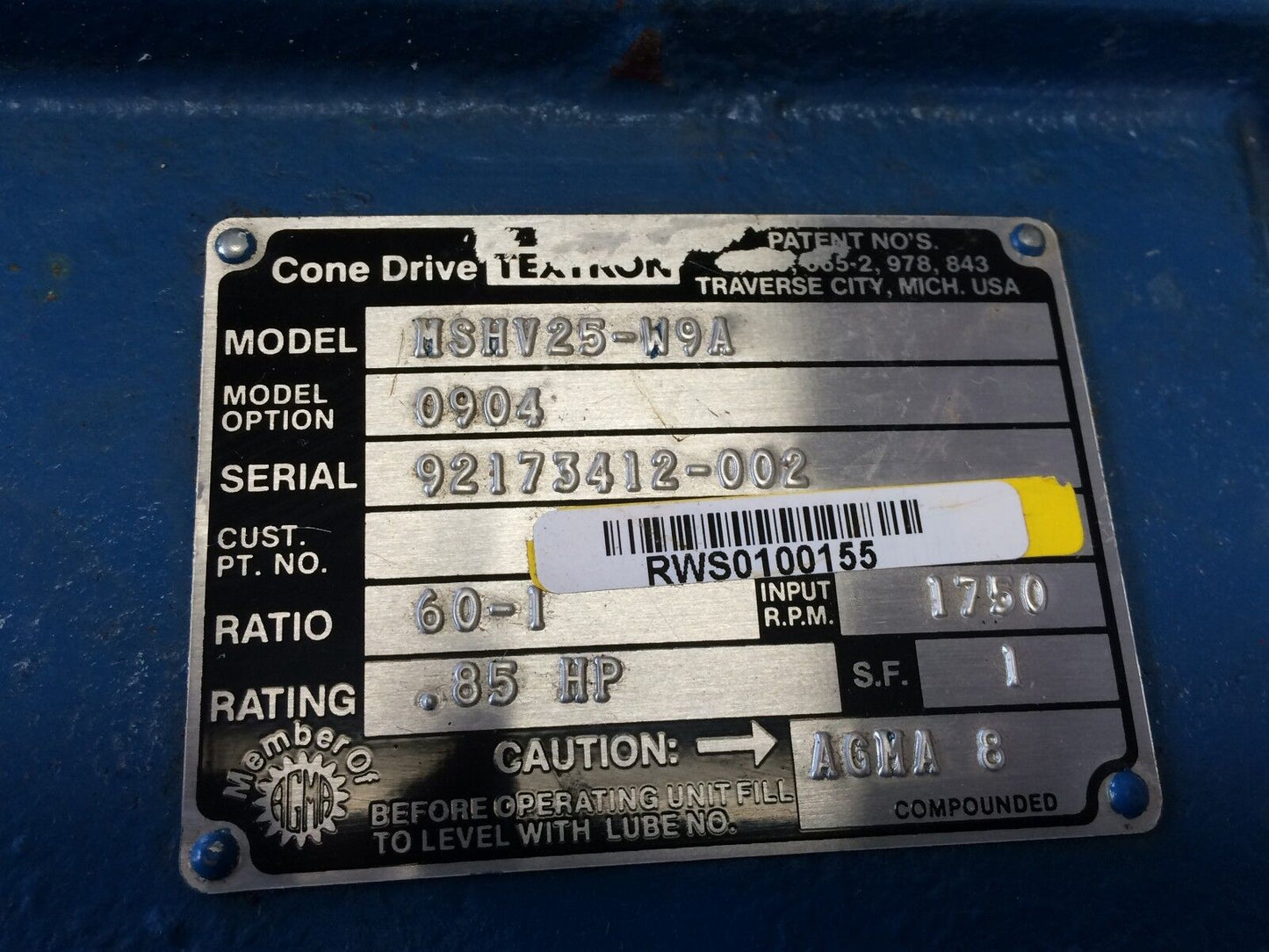 Textron Mshv25-W9a Cone Drive Gear Reducer,60:1 Ratio,0904,Agma8,Cr-27260-Usa,Am