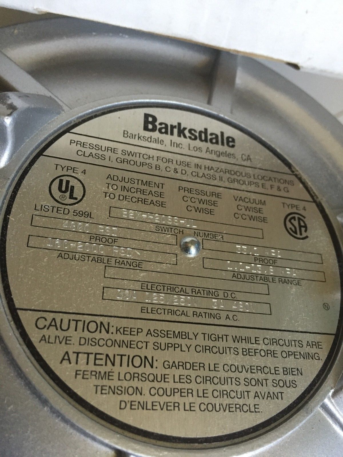 New Barksdale B2x-H20ss-Ul Bourdon Switch 4800Psi,33.1 Mpa,Bd