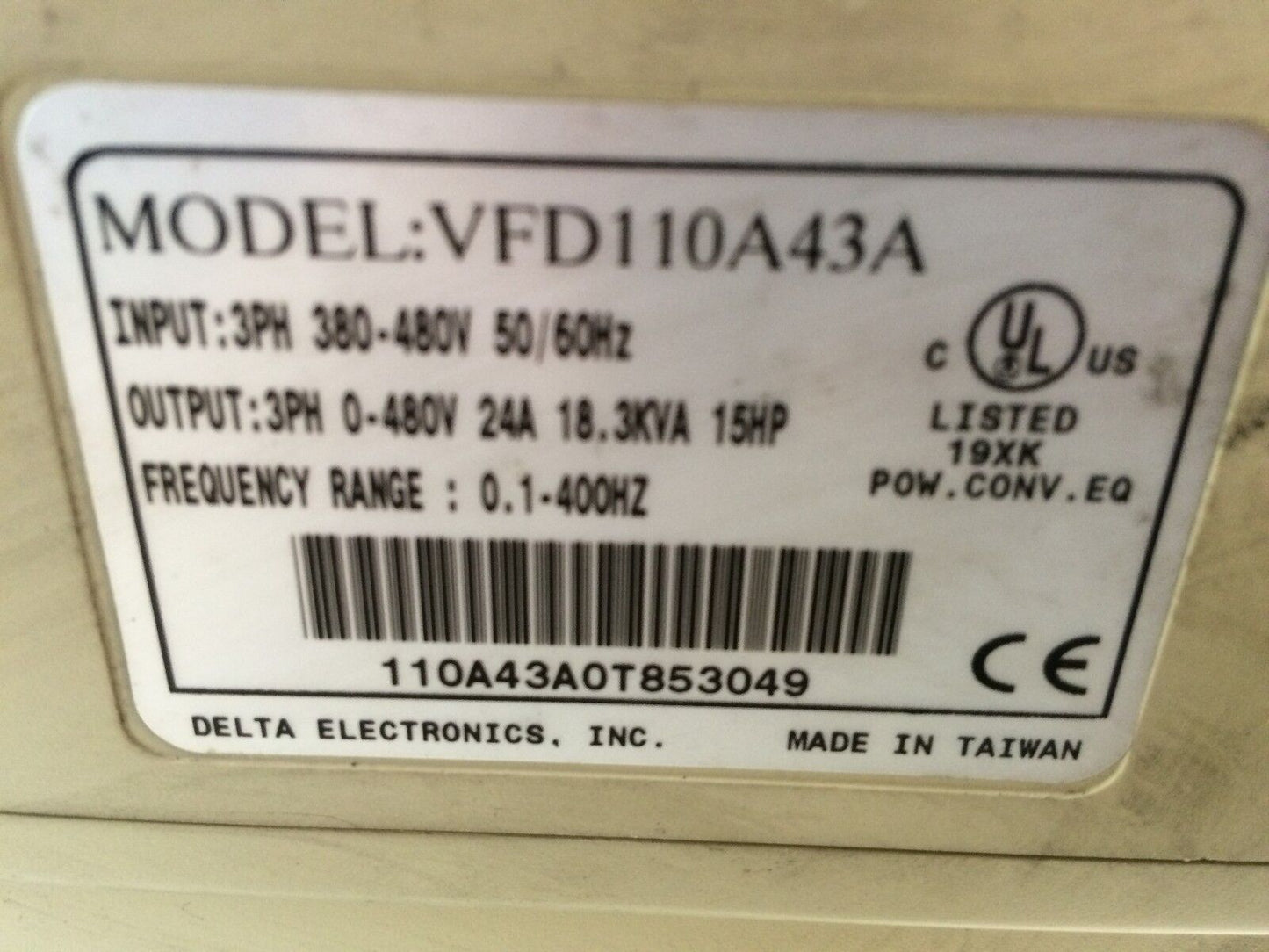 Delta Vfd110a43a Drive,3Ph,3811083702,15 Hp, 380-480V (No Front Cover),Tb