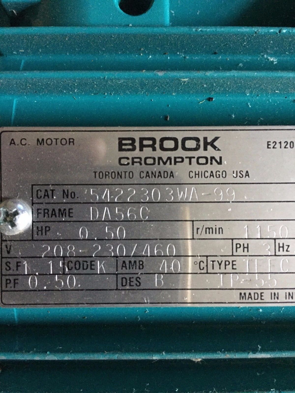 New Brook Crompton 5422303Wa-99 Motor,1/2 Hp 3Ph,208-230/460V,Rpm 115,Bs