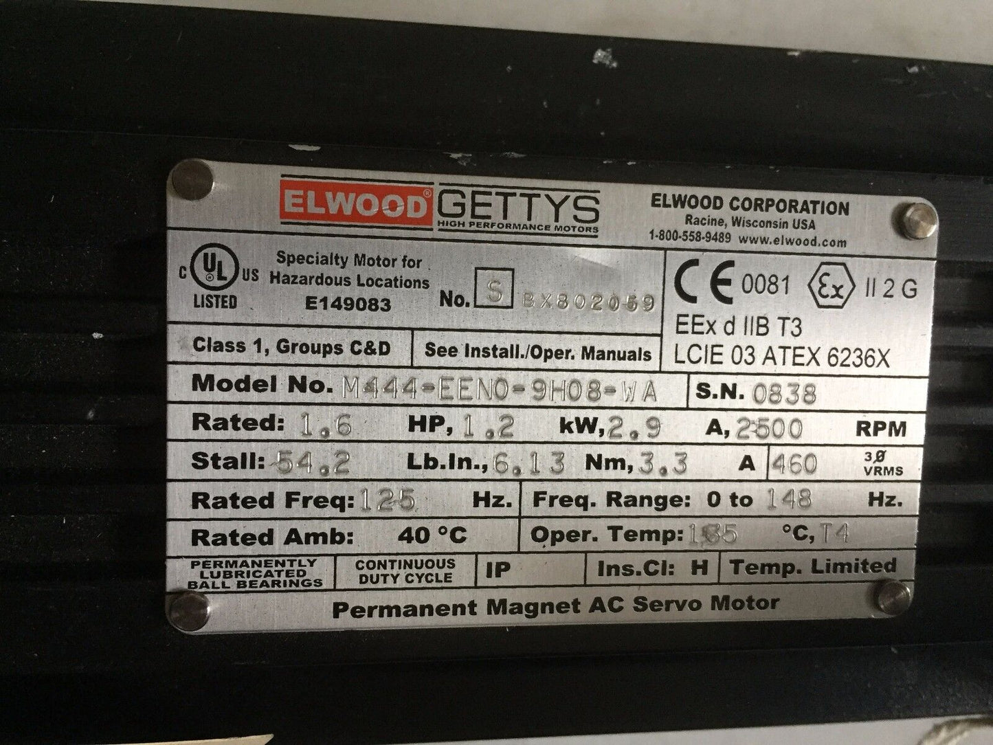 New Elwood M444-Eeno-9H08-Wa,M444-Een0-9H08-Wa,Gettys Servo Motor,Dia.5/8",Bo