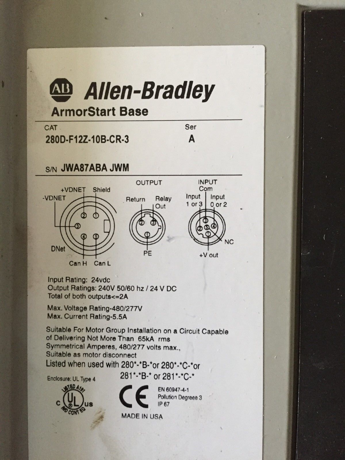 New Allen Bradley 280Df12z10bcr,280D-F12z-10B-Cr-3,10A 24Vdc Armorstart,Cg