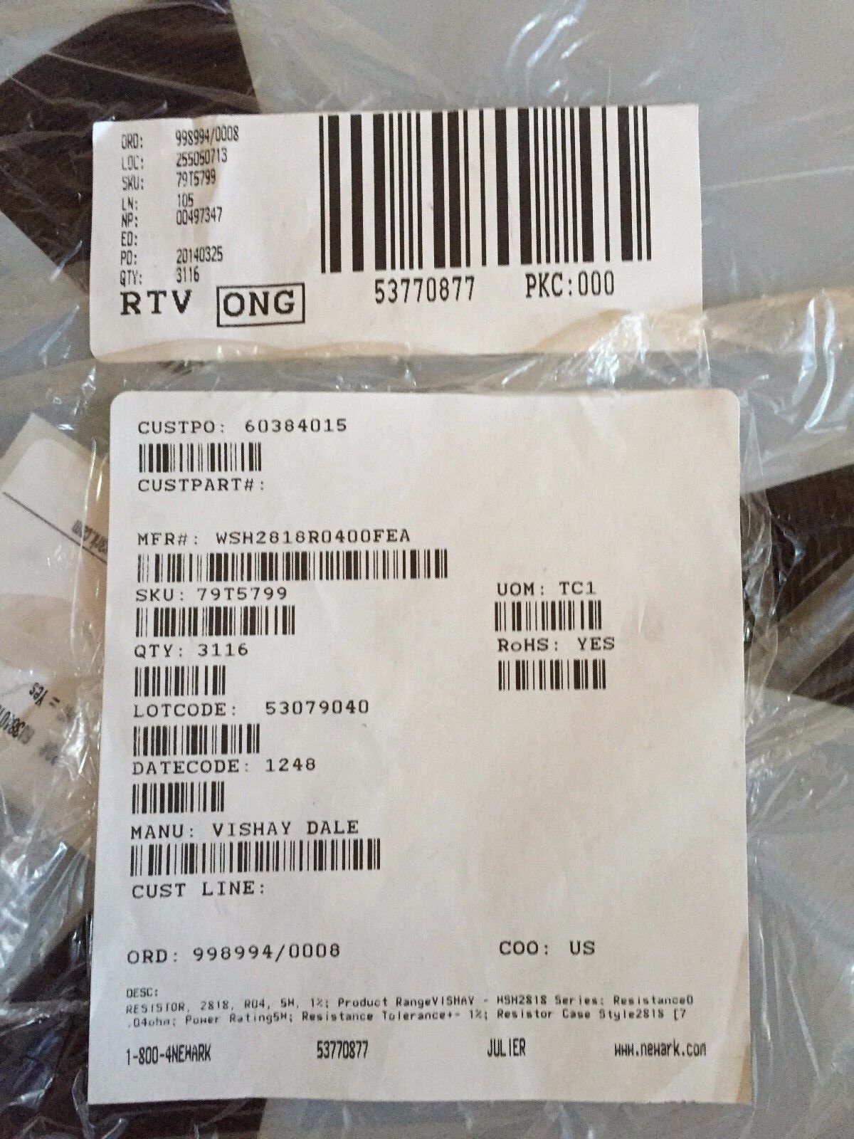 New Lot 3116 Vishay Wsh2818r0400fea Dale Resistor, 2818, R04, 5W, 1% ,Sb