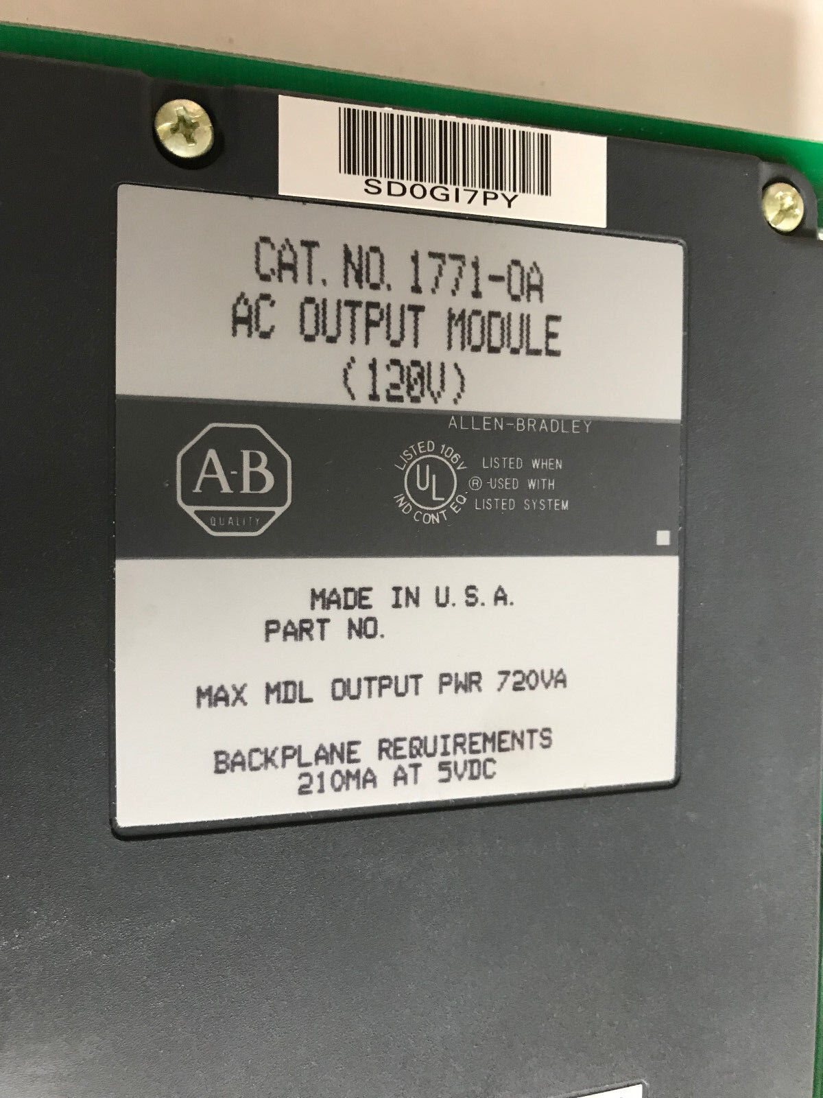 New A-B 1771-Oa,Allen-Bradley 1771-Oa Ac Output Module (120V) 1771-0A,Sh