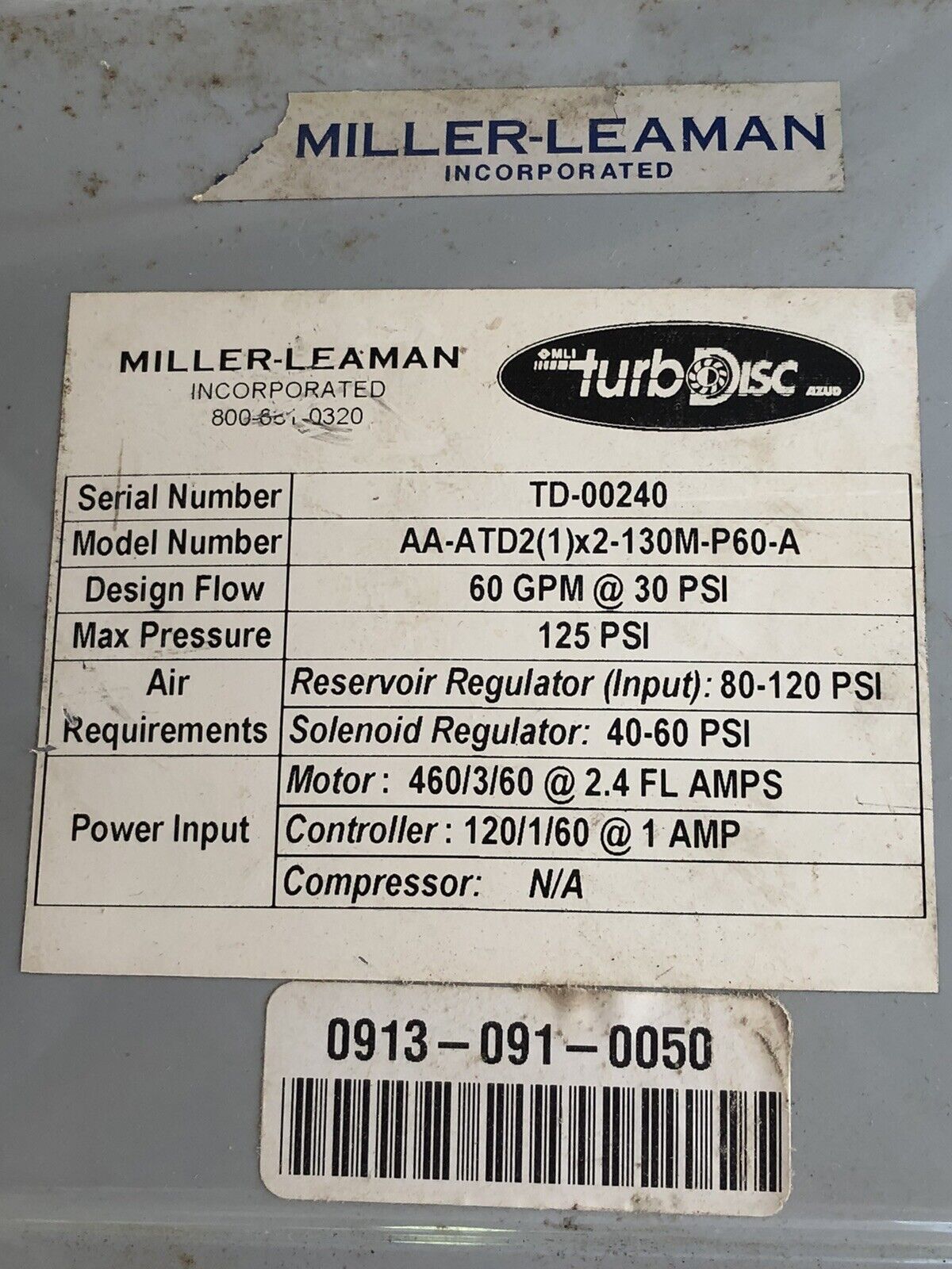 Miller-Leaman Aa-Atd2(1)X2-130M-P60-A Turbodisc Controller 24Vdc,Sa12,Dh