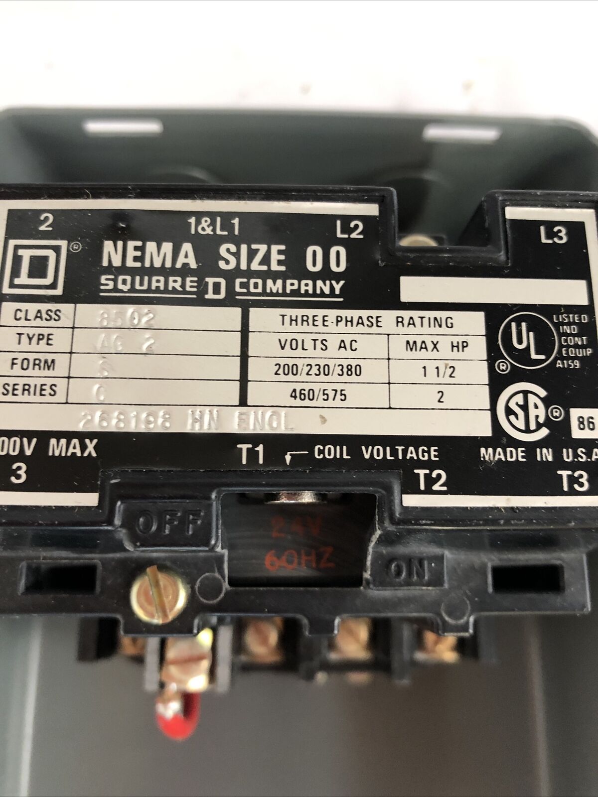 New Square D Nema Size 00 Ag2 Starter 8502 Ag2,24V Coil,8502 Ag2,1 1/2Hp,Fl