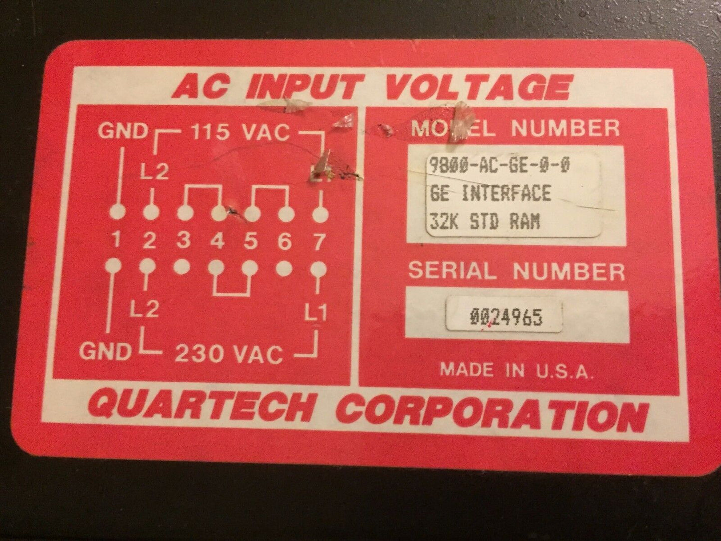 Quartech 9800-Ac-Ge-0-0 Operator Ge Interface 32K Std Ram Terminal,Bm