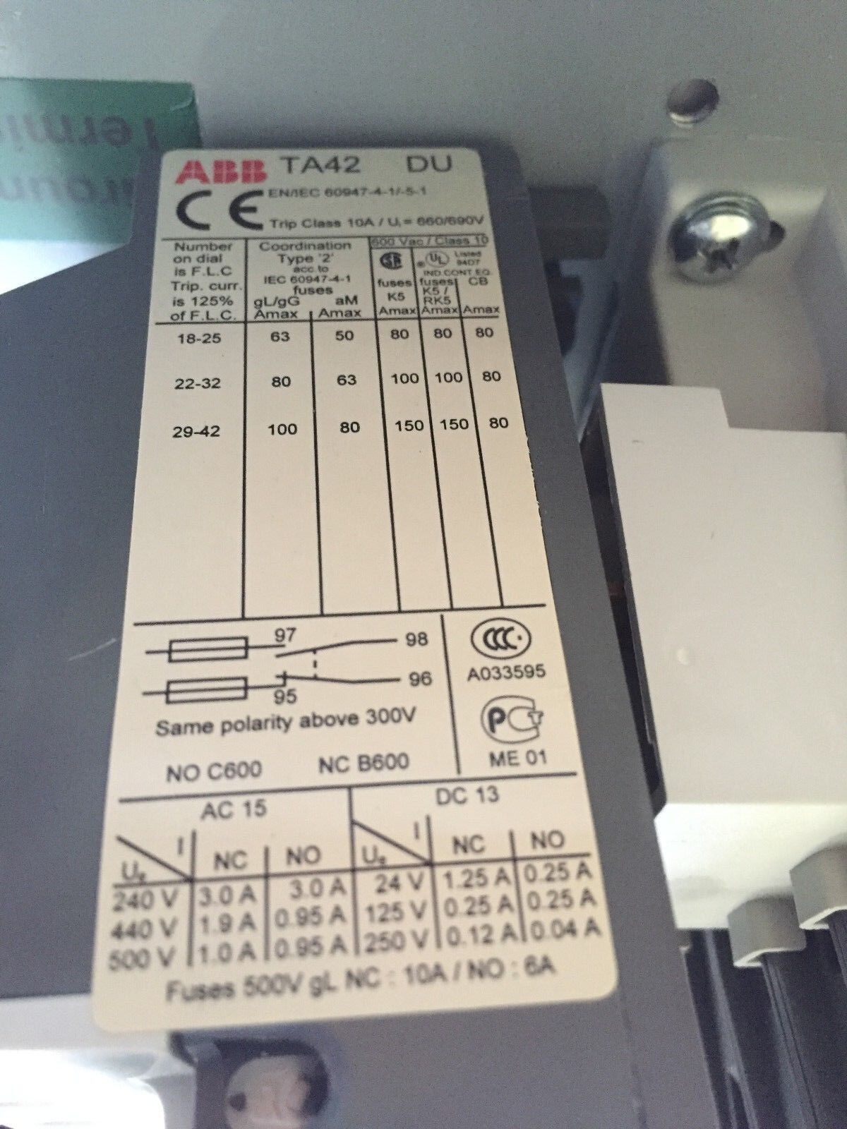 Abb A40s1-84C,A40-30-10,Abb Ta42 Du Contactor 3Ph Str N1 120V Motor Starter,Bg