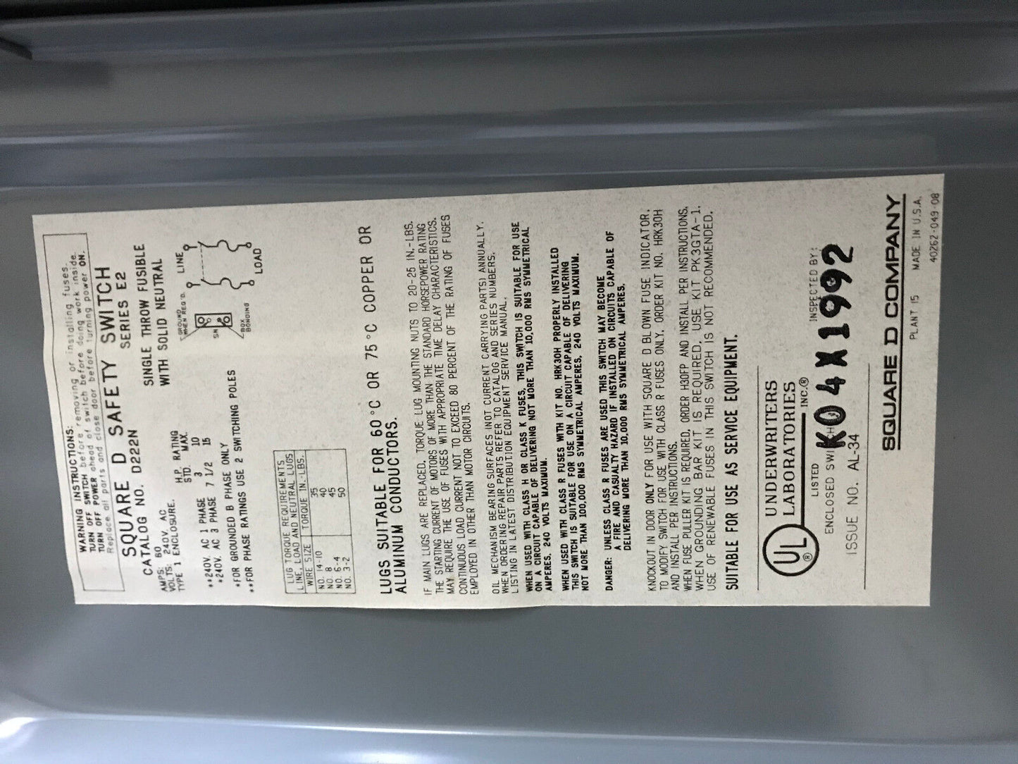 Square D K04x1992 Fusible Safety Switch 60 Amps General Duty 240V, 2Pole,1Ph,Ag