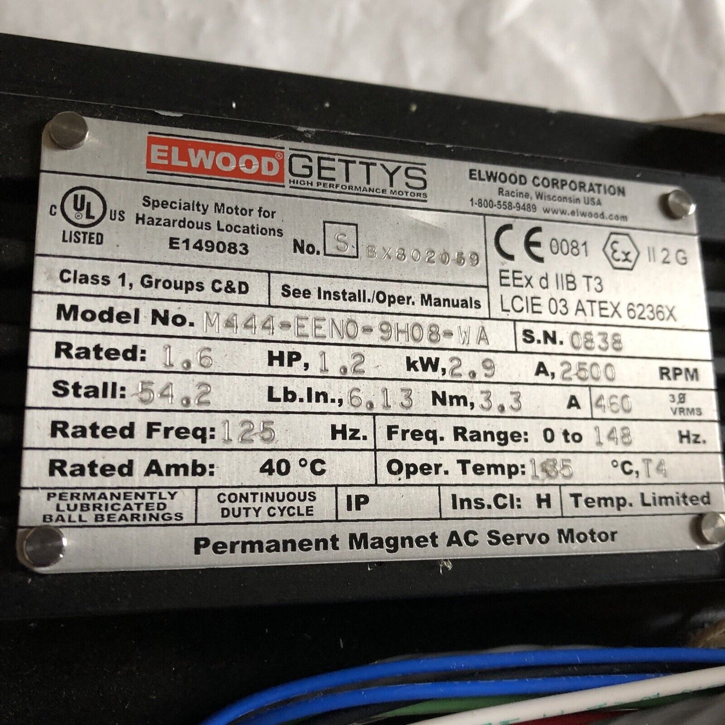New Elwood M444-Eeno-9H08-Wa,M444-Een0-9H08-Wa,Gettys Servo Motor,Dia.5/8",Bo