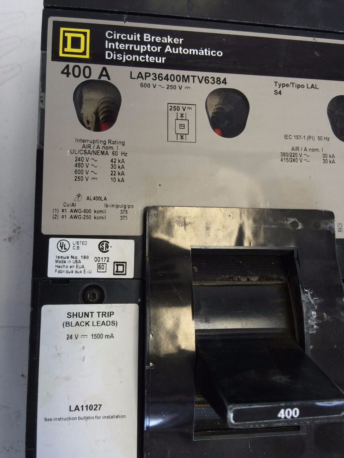 Square D Lap36400mtv6384 Circuit Breaker, 3-Pole, 400A, 600Vac/250Vdc,Co,Ex