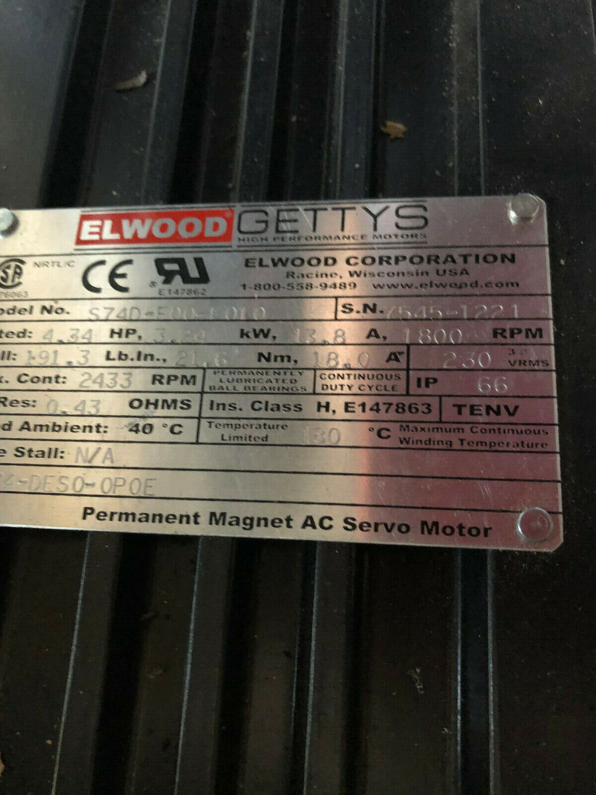 New Elwood Gettys S74d-F00-F010 Ac Servo Motor,4.34Hp,800-Rpm,230Vac,Td