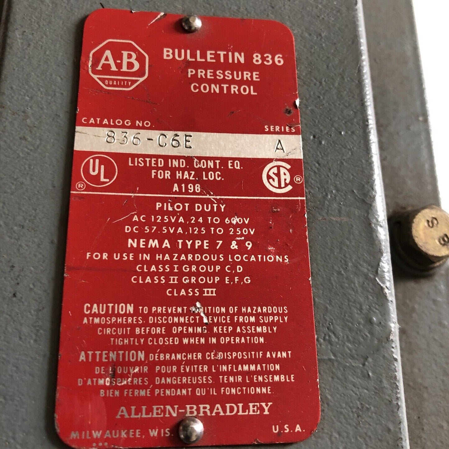 Allen Bradley 836-C6e,Bulletin 836 Pressure Controller,Eb