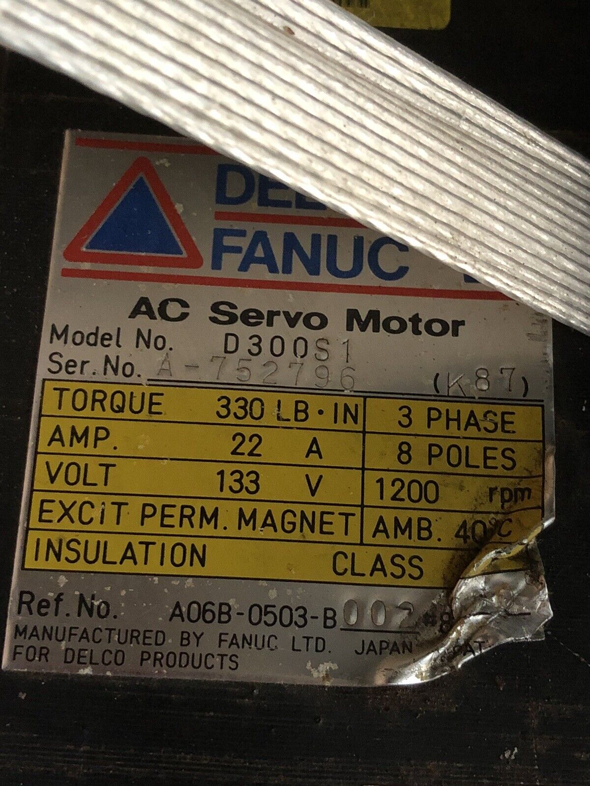 Delco Fanuc D300s1 Ac Servo Motor,A06b-0503-B002  3Ph, 8-Pol,Td
