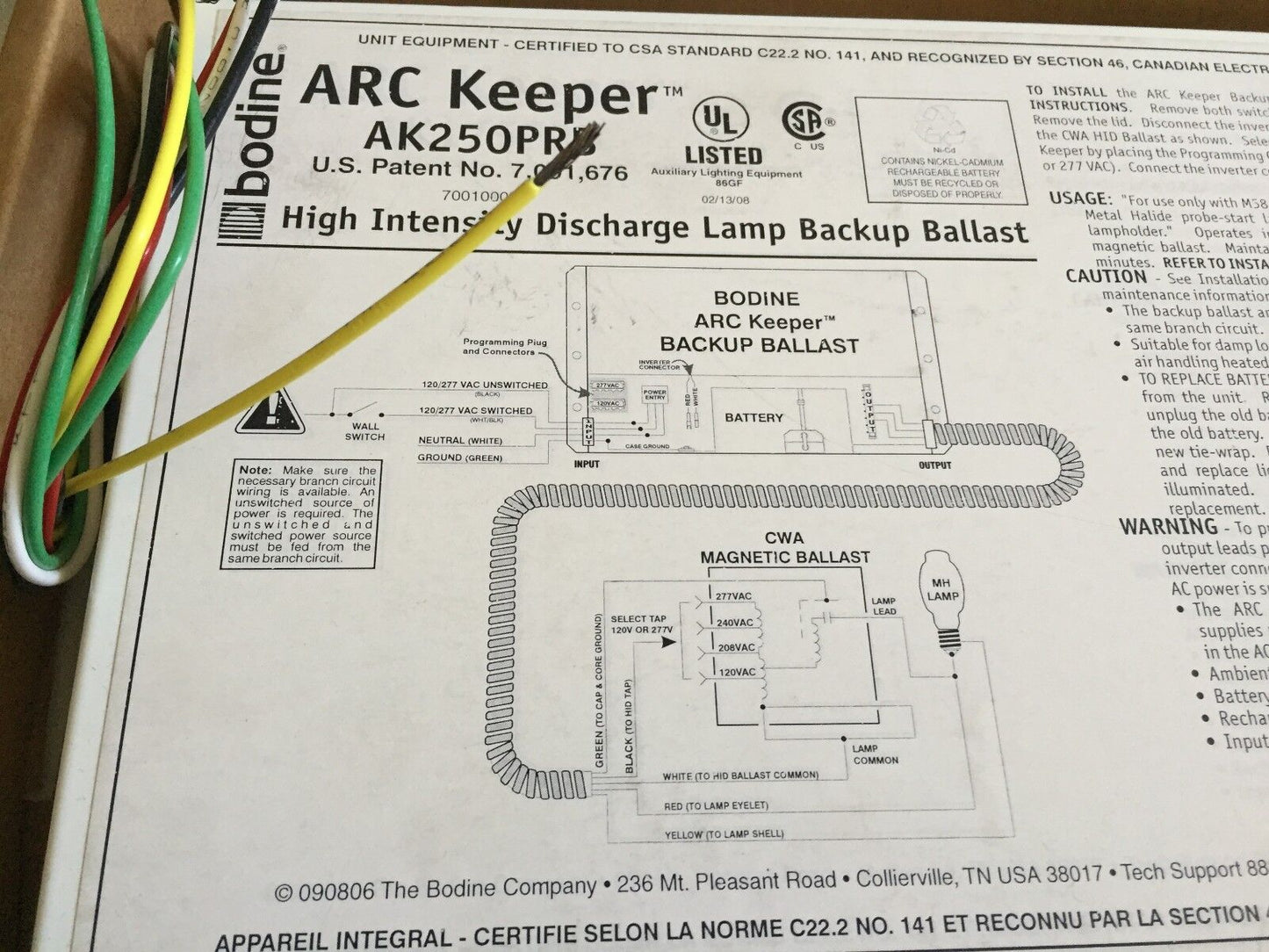 New Bodine Ak250prb Arc Keeper Discharge Lamp Intensity Backup Ballast,Tg