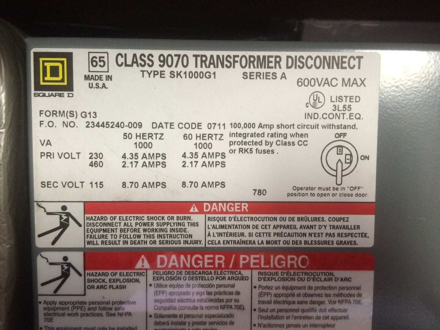 New Square D 9070-Sk1000g1d1g13,Sk1000g1, Class 9070 Transformer Disconnect ,Ee