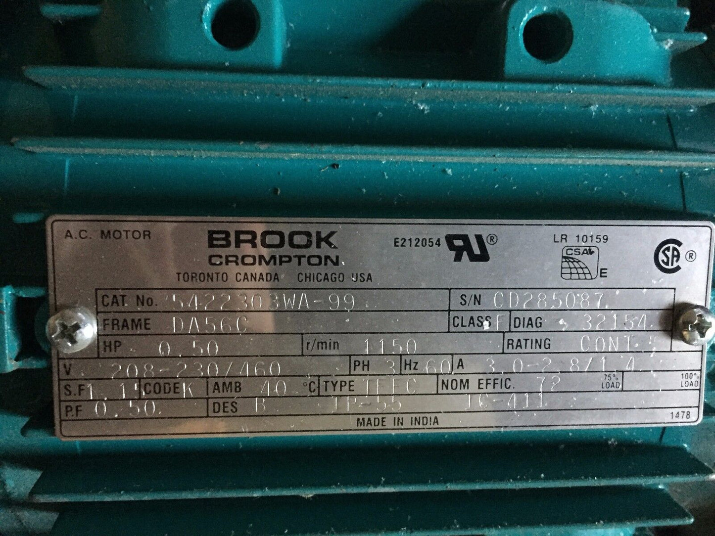 New Brook Crompton 5422303Wa-99 Motor,1/2 Hp 3Ph,208-230/460V,Rpm 115,Bs