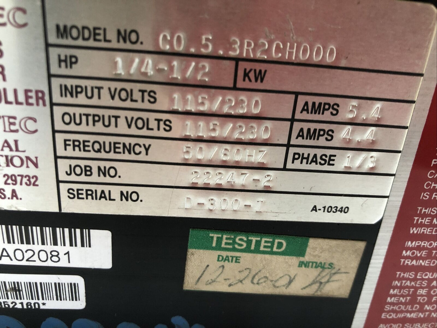 Powertec 4000-170150-003,C0-5-3R2ch000 Controller,4.4 A 1/4-1/2Hp 300 Regen,Fa