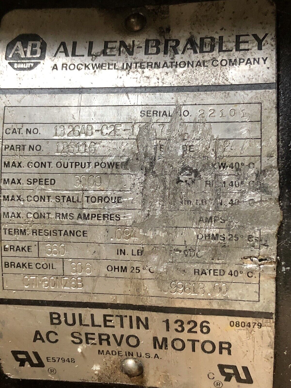 Allen Bradley 1326Ab-C2e-11-A7 Bulletin 1326 Ac Servo Motor,Part 126116,360,By