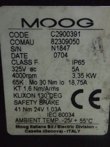 Moog 82309050 Servo Motor, 325 Vac, Rpm: 4000, 3.35,Moog C2900391,Iec60034,Bm
