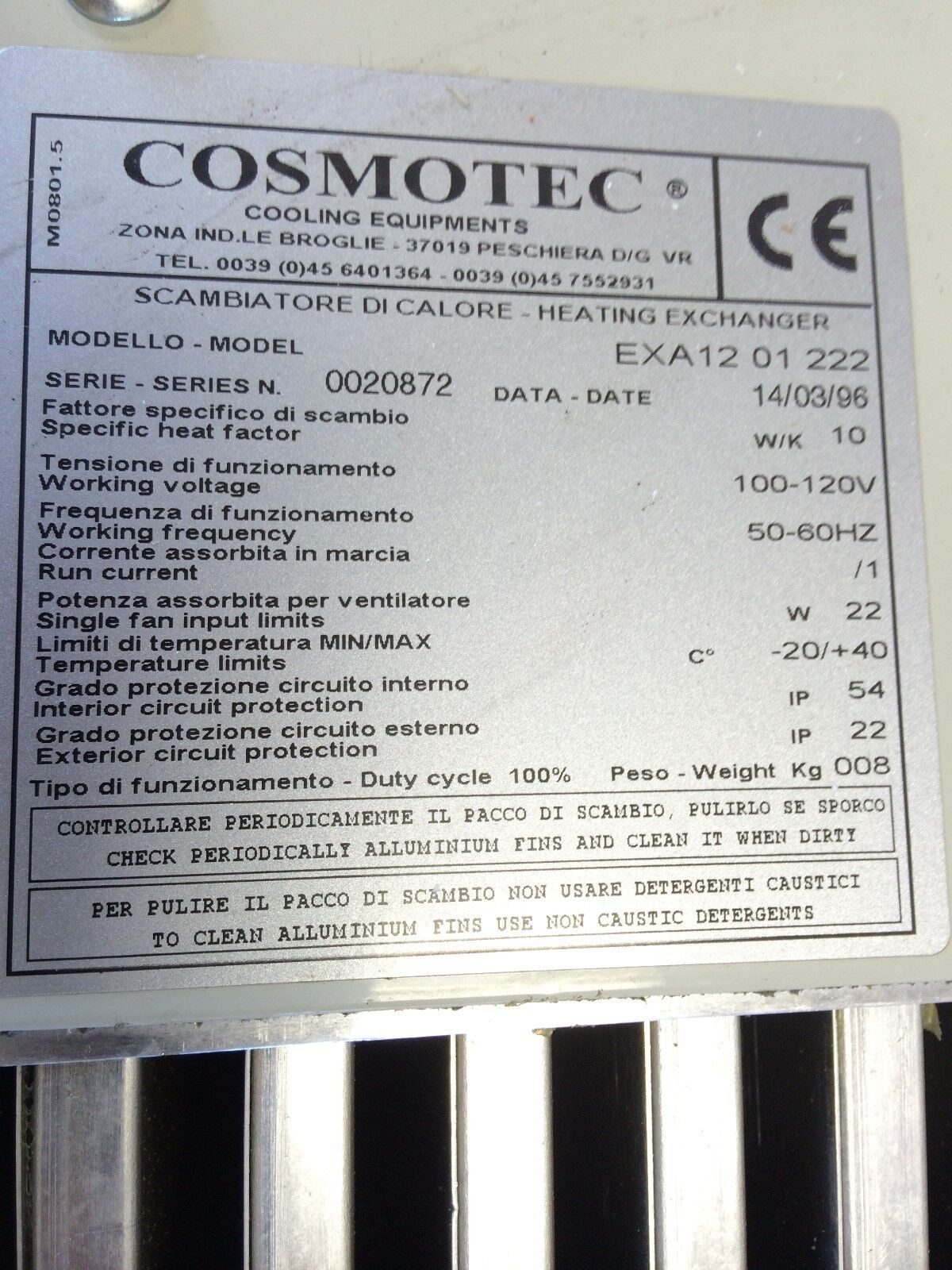 Cosmotec Exa12-01-222 Heat Exchanger, -20 Thru +40 *C,Fg