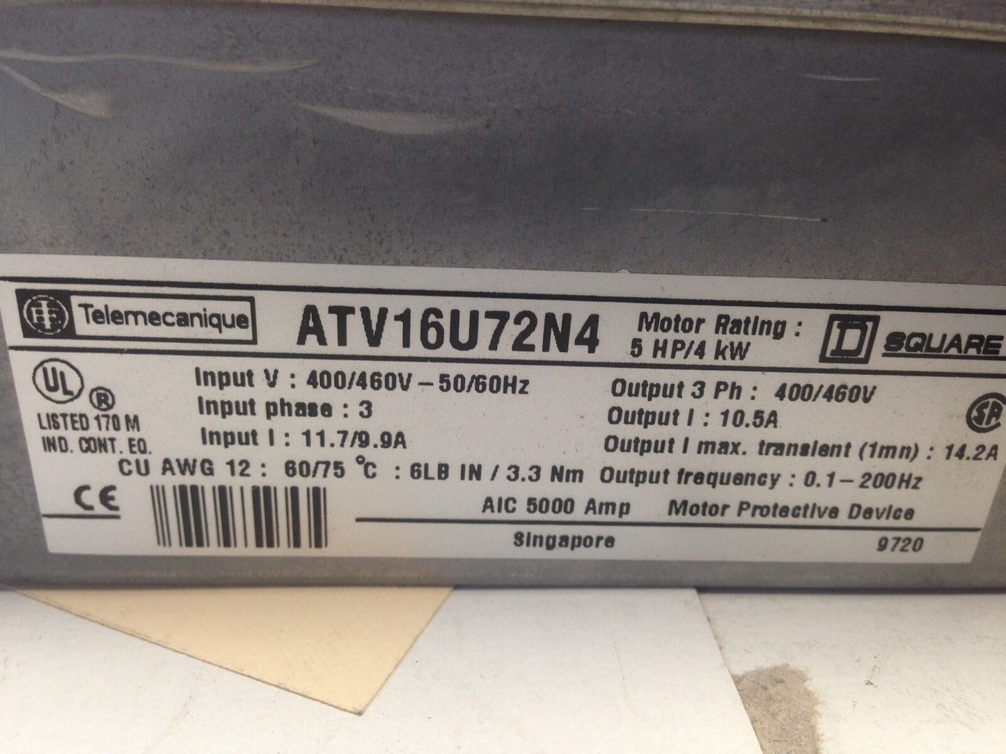 Telemecanique Atv16u72n4 Ac Drive, 5 Hp, 3-Phase, 400/460V,Wo 70586,Bk