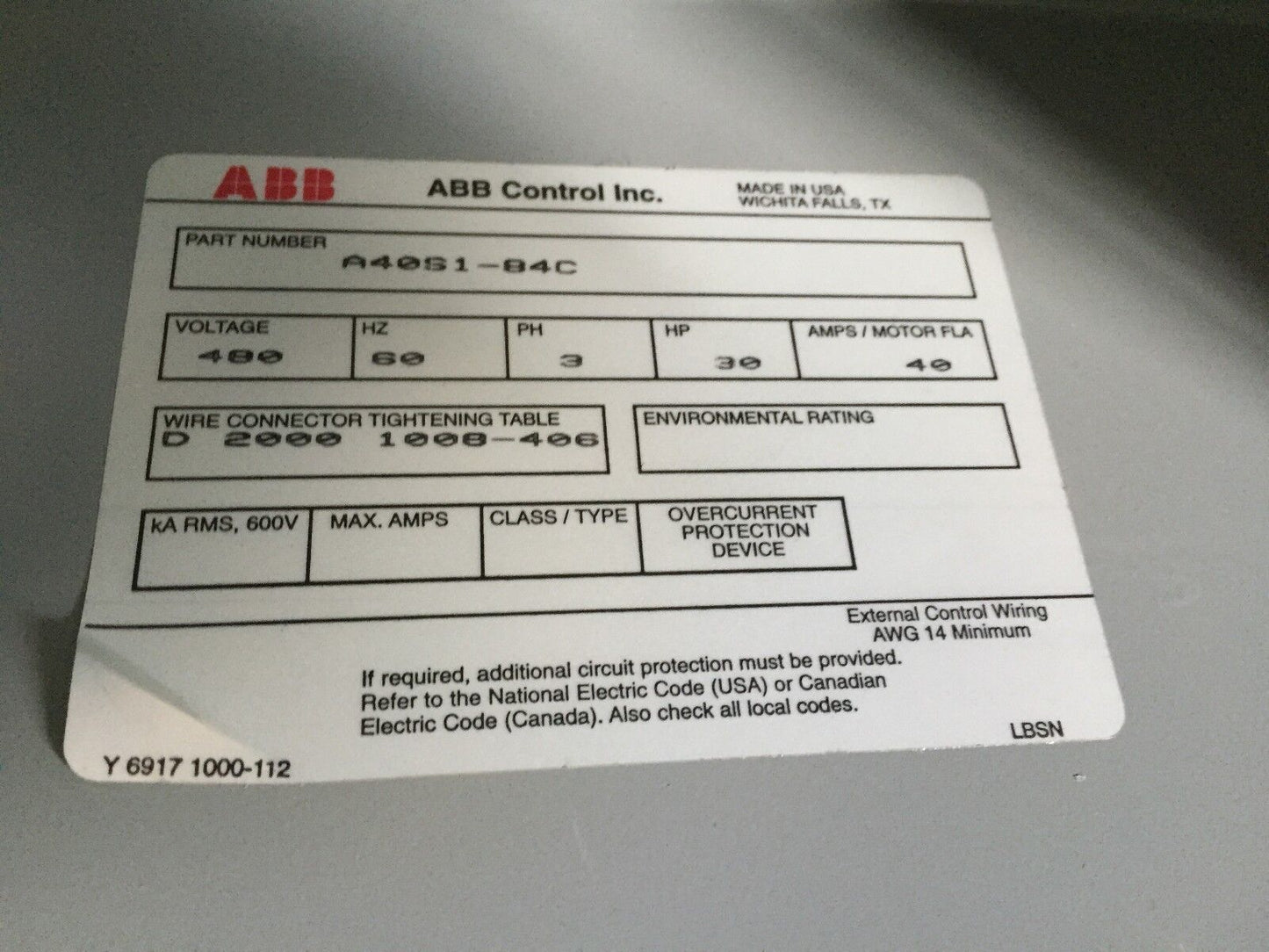 Abb A40s1-84C,A40-30-10,Abb Ta42 Du Contactor 3Ph Str N1 120V Motor Starter,Bg