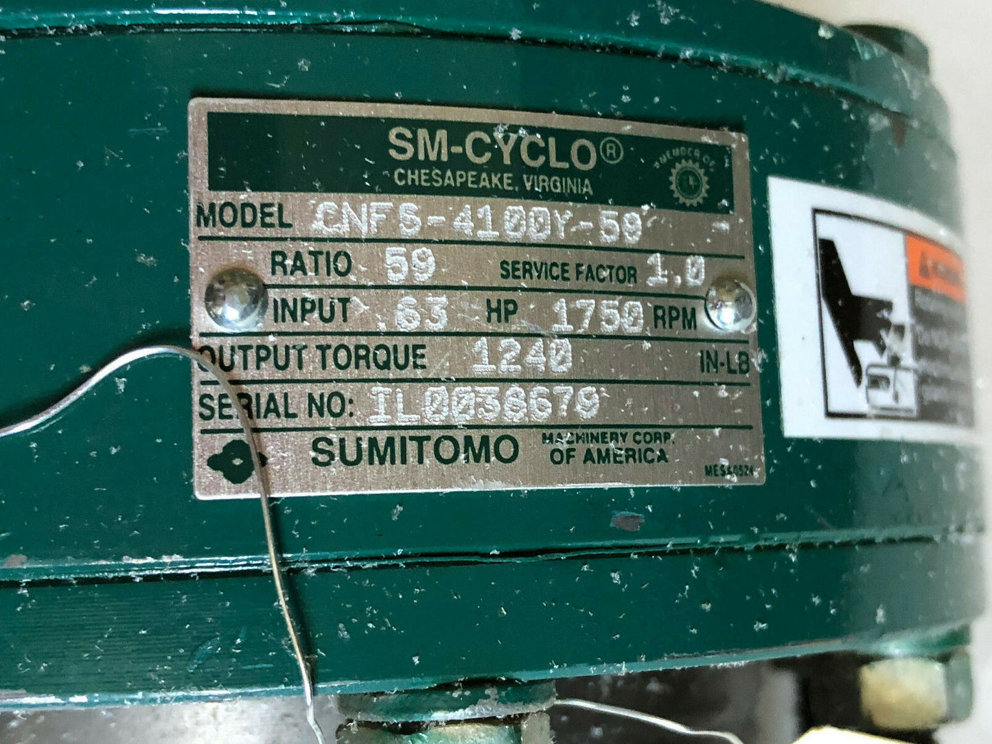 New Sumitomo Cnfs-4100Y-59 Sm-Cyclo Gearbox. Ratio=59 Input Hp=.63 1750Rpm,Se