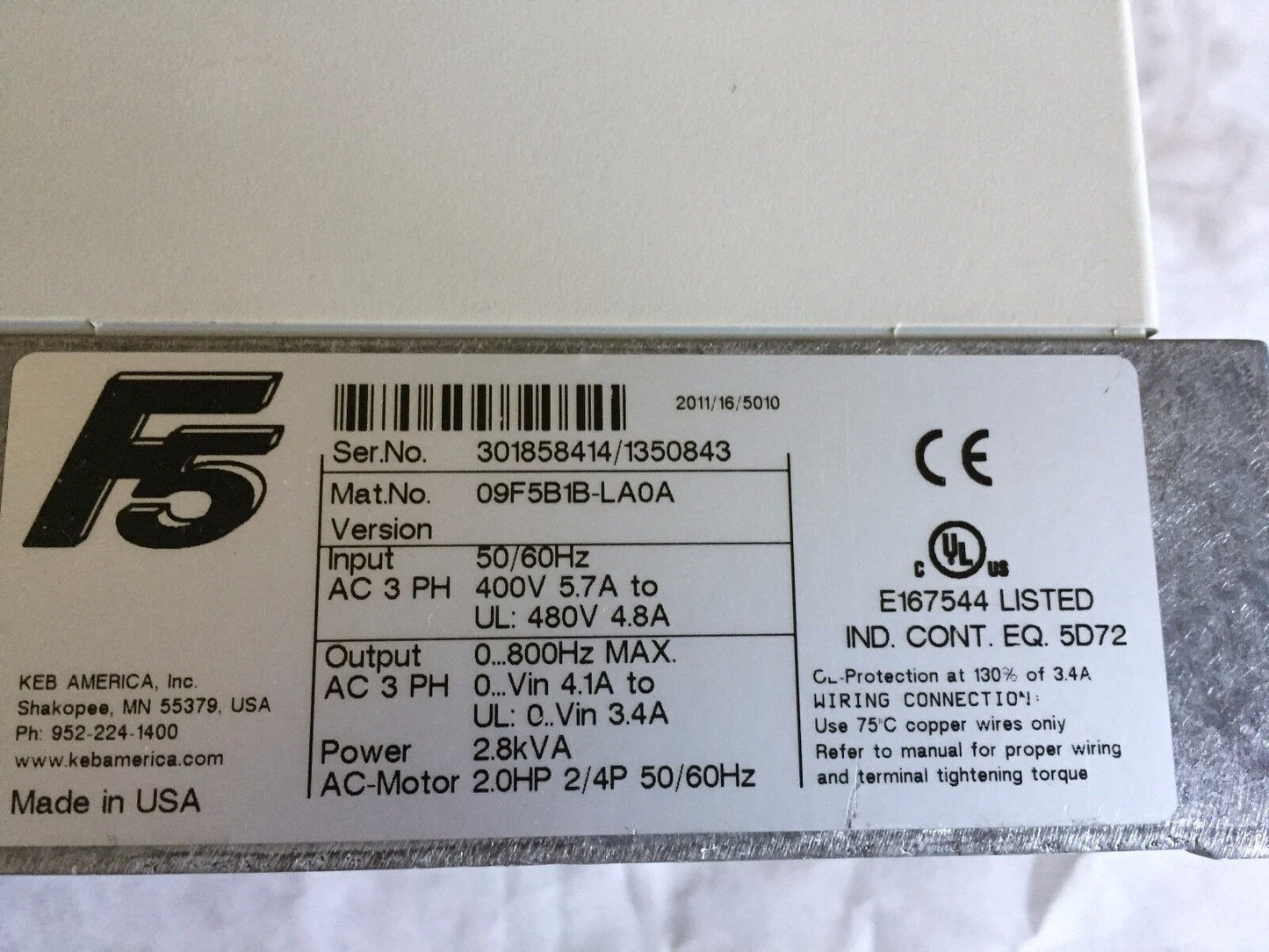 Keb 09F5b1b-La0a Power 2.8 Kva,Combivert,09F5b1b-Laoa,E167544, 09.F5.B1b-La0a,Bw