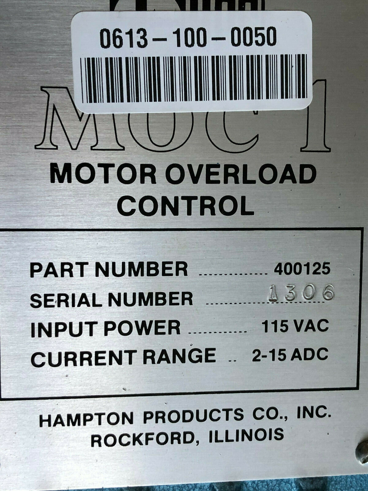 Motor Overload Control Moc1 Hpc Hampton 400125 , 115 Vac,Tc