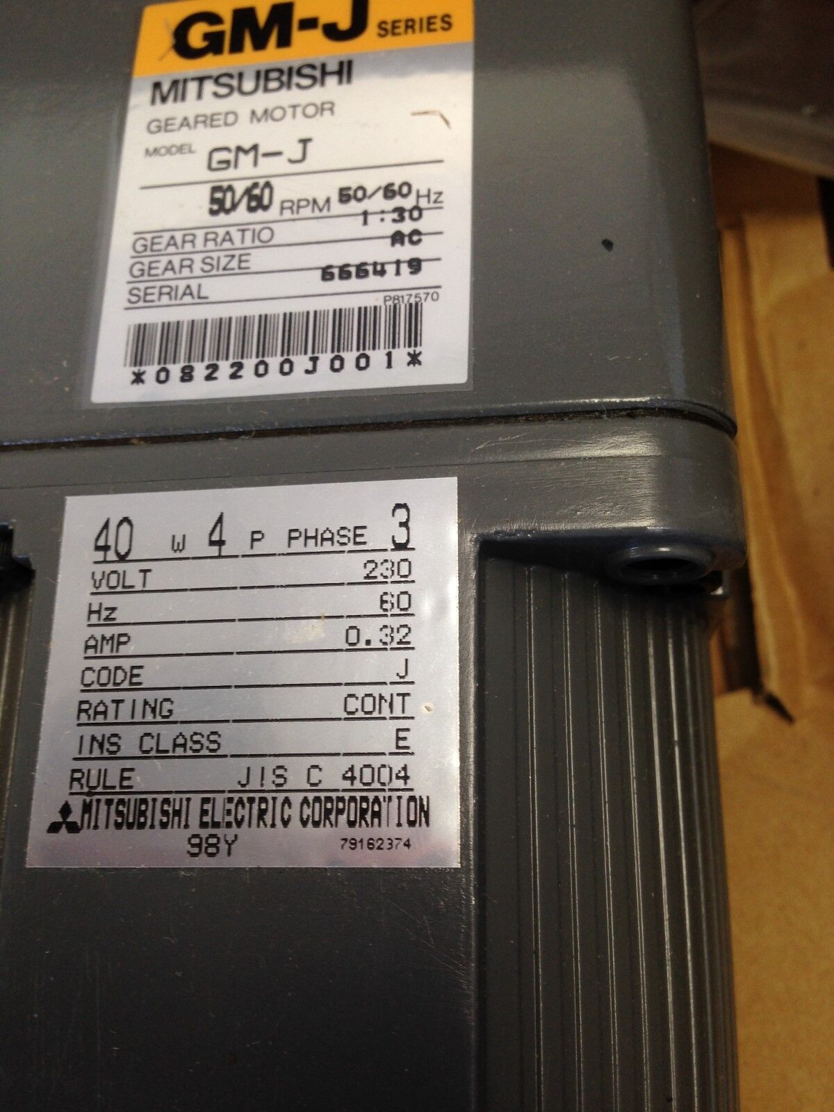 New Mitsubishi Gm-J 1:30 Gear Motor 45Rpm 50/60Hz 1:40Ratio 40W 4P 3Phase,An